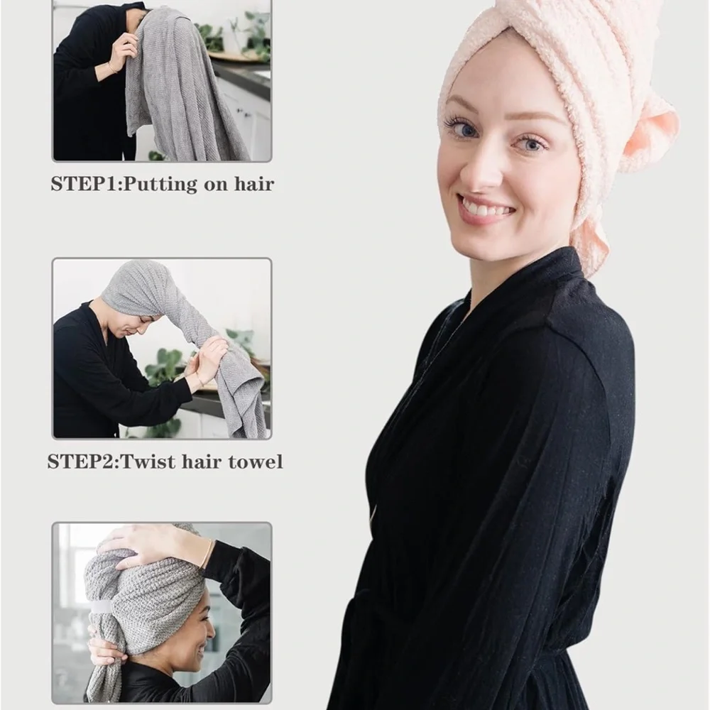 Gray and Pink Hair Towel Wrap Set